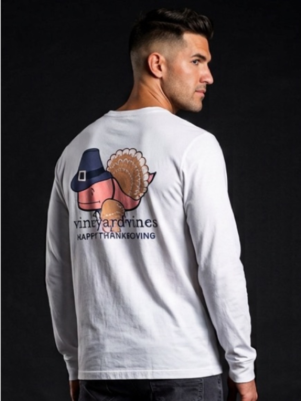 Vineyard Vines Mens White Long-Sleeve Thanksgiving Turkey Graphic Tee